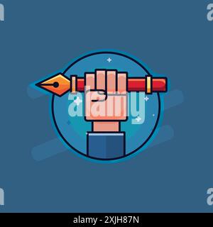 Hand mit Stift Symbol Vektor Illustration grafisches Design in flachem Stil auf blauem Hintergrund. Stock Vektor