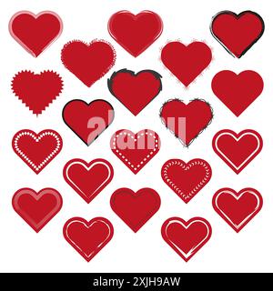 Rote Herzsymbole. Verschiedene Herzdesigns. Schwarze weiße Akzente. Vektorabbildung. Stock Vektor