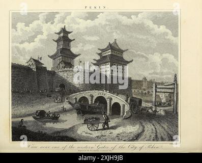 Peking/Peking, China 19. Jahrhundert Illustration des Westentors, Peking [Pekin], China. Kupferstich aus der Encyclopaedia Londinensis oder, Universal Dictionary of Arts, Sciences and Literature; von Wilkes, John. 1823 Stockfoto