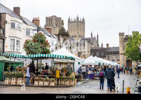 Wells Stadtzentrum in Somerset und Marktstände auf dem Marktplatz mit Blumenhändler, England, Großbritannien, 2023 Stockfoto