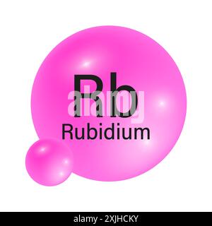 Rubidium-Element-Symbol. Glänzende rosafarbene Kugel. RB-Periodensymbol. Vektorabbildung. Stock Vektor