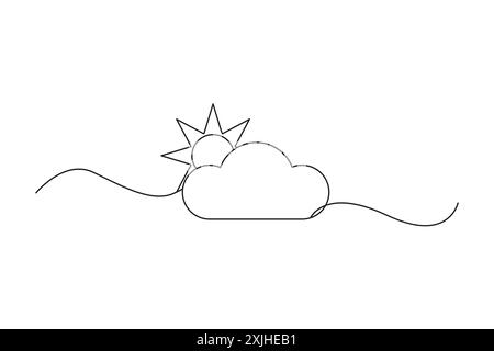 Symbol Sonne und Wolke. Minimalistisches Wettersymbol. Schwarze Linienzeichnung. Vektorabbildung. Stock Vektor