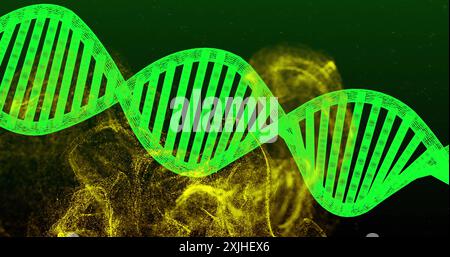 DNA-Strang- und Molekularstrukturbild auf grünem und gelbem Hintergrund Stockfoto