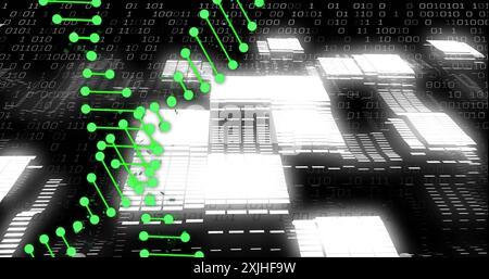 Bild von dna-Strängen über Datenverarbeitung und -Formen auf schwarzem Hintergrund Stockfoto