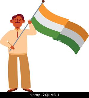 Mann, der die Nationalflagge indiens isoliert hält und schwenkt Stock Vektor