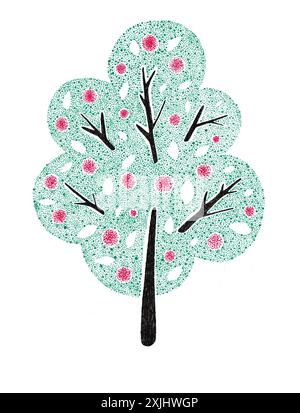 Abbildung eines Baums auf weißem Hintergrund. Einfache Zeichnung. Gerader Stamm und schwarze Äste. Grüne Krone in Punkten mit abgerundeten Formen. In der Mitte sind Kreise mit rosa Punkten, weiße Blätter. Stockfoto