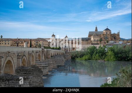 Blick auf die Römische Brücke und die Kathedrale in Cordoba, Spanien Stockfoto