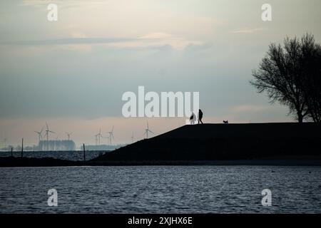 Das Foto zeigt eine ruhige Abendszene am Wasser mit den Silhouetten von zwei Personen, die auf einem Hügel spazieren. Ein kleiner Hund begleitet sie und fügt hinzu Stockfoto