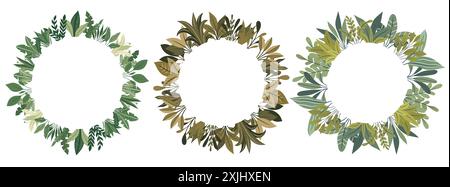 Satz von runden Vektorrahmen aus Blättern, Büschen und Platz für Text. Naturkranz mit Kopierraum isoliert vom Hintergrund. Rahmen für Einladungen, Stock Vektor