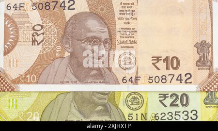 Nahaufnahme Indiens neue 20- und 10-Banknoten Stockfoto