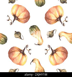 Kürbisse ernten nahtloses Muster. Aquarellfarbe Herbst Illustration. Handzeichnung mit wiederkehrendem Gemüse für Thanksgiving-Verpackung Stockfoto