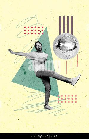 Trend-Artwork Composite-Foto-Collage von jungen Mann unbeschwert Tanz Relax Feiertag freitag Musik hören Discoball Retro Vintage Stockfoto