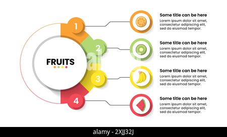 Infografik-Vorlage mit Symbolen und 4 Optionen oder Schritten. Obst. Kann für Workflow-Layout, Diagramm, Banner und Webdesign verwendet werden. Vektorabbildung Stock Vektor