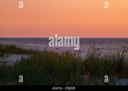 Wunderschöner orangefarbener Himmel über dem Meer. Verschwommenes Gras im Vordergrund. Wunderschöner Sandstrand. Goldene Stunde. Ostsee, Slajszewo, Polen Stockfoto