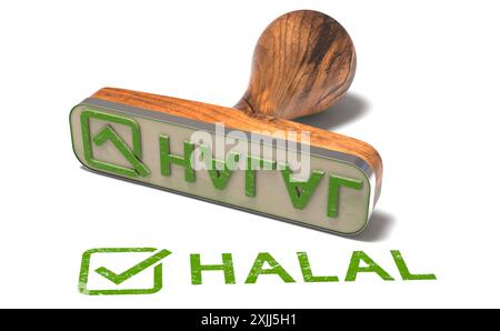 Gummistempel mit dem Wort Halal auf weißem Hintergrund, islamischem Recht und Sharia-konformem Konzept. 3D-Abbildung Stockfoto