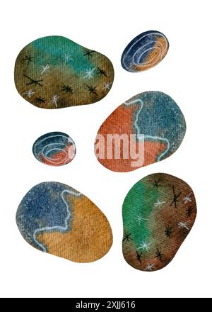 Große Reihe isolierter Aquarellflecken. Abstrakter Kunsthintergrund mit Aquarellflecken, abstrakter Karte, Poster. Die Abbildungen sind handgezeichnet Stockfoto