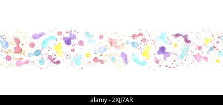 Abstrakte Einhörner, Regenbogen, Sterne und Funkeln. Aquarellfarben mit mehrfarbigen Punkten, Konturen und Spritzern. Nahtloser horizontaler Rahmen. Lebendige Farbtöne Stockfoto