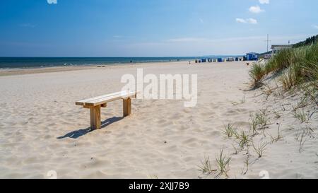 Eine einsame Bank steht am Strand, auf weißem Sand, Küstendünen mit Strandgras. Usedom, Deutschland Stockfoto