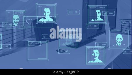 Bild von biometrischen Fotos und Datenverarbeitung über Arbeitsplatz im Büro Stockfoto