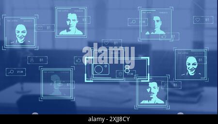 Bild von biometrischen Fotos und Datenverarbeitung über Arbeitsplatz im Büro Stockfoto