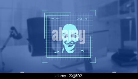 Bild von biometrischen Fotos und Datenverarbeitung über Arbeitsplatz im Büro Stockfoto