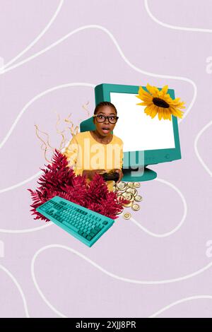 Vertikale Foto-Collage des staunenden amerikanischen Mädchens halten Konsolenspiel pc-Bildschirm Tastatur Blume Bloom Taste isoliert auf gemalten Hintergrund Stockfoto