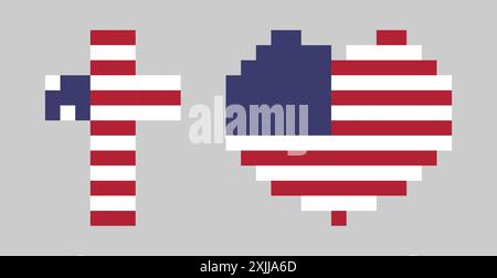 Moderne, niedliche Symbole im Pixelstil mit US-Flagge. Amerikanisches Kreuz und Herz, kreative Idee mit flachen Grafikblöcken. Love USA Emblem Konzept. Satz von Symbolen Stock Vektor