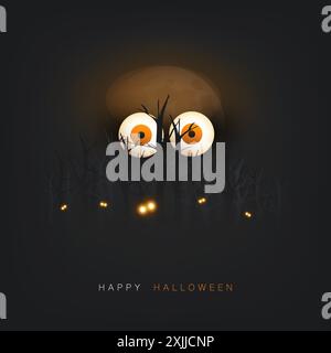 Happy Halloween Card Template - gruseliges Gesicht mit Pop-out und leuchtenden Augen in einem dunklen Wald - Vektor-Illustration Stock Vektor