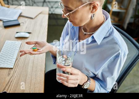 Eine Geschäftsfrau mittleren Alters mit kurzen Haaren macht eine beruhigende Pause und nimmt während der Wechseljahre Pillen ein. Stockfoto