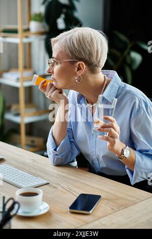 Eine Geschäftsfrau mittleren Alters mit kurzen Haaren macht eine Pause, um sich mit Feuchtigkeit zu versorgen und sitzt mit einem Glas Wasser am Schreibtisch. Stockfoto