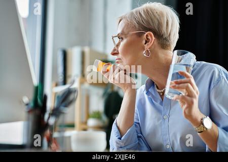 Eine Geschäftsfrau mittleren Alters mit kurzen Haaren sitzt an einem Schreibtisch und schlürft während der Wechseljahre in ihrem Büro Wasser. Stockfoto