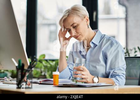 Eine Geschäftsfrau mittleren Alters mit kurzen Haaren macht eine Pause, sitzt an ihrem Schreibtisch und schaut sich ein Glas Wasser und Pillen an Stockfoto