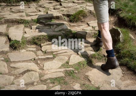 Die Beine eines Wanderer klettern am 17. Juli 2024 in Edale, Derbyshire, England, auf dem Weg zum Kinder Scout auf den unteren Stufen des Penine Way die Stufen der Jakobsleiter hinauf. Stockfoto