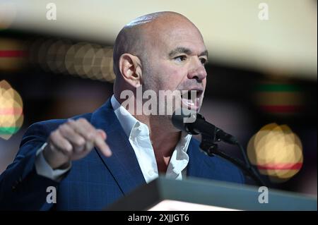 Milwaukee, USA. Juli 2024. Dana White spricht am vierten und letzten Tag des Republican National Convention (RNC) 2024 auf dem Fiserv Forum in Milwaukee, Wiss., 18. Juli 2024. (Foto: Anthony Behar/SIPA USA) Credit: SIPA USA/Alamy Live News Stockfoto