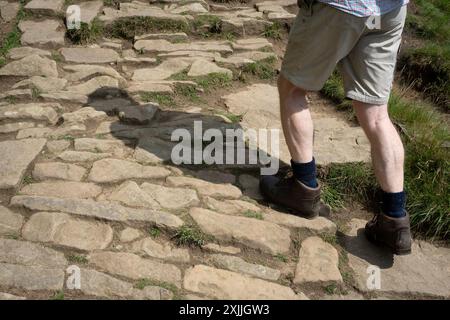 Die Beine eines Wanderer klettern am 17. Juli 2024 in Edale, Derbyshire, England, auf dem Weg zum Kinder Scout auf den unteren Etappen des Pennine Way die Stufen von Jacob's Ladder. Stockfoto