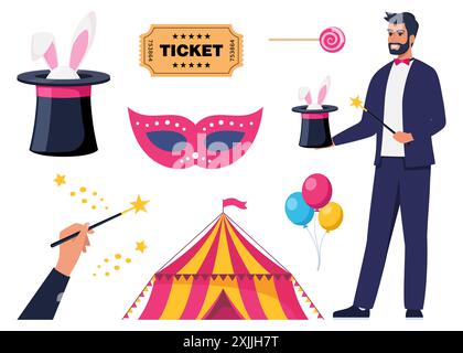 Magier demonstriert Trick und nimmt Kaninchen aus dem Hut. Zirkuszelt, Ticket, Maske, Ballons. Set mit Elementen zum Thema Zirkus. Vektorillustraten Stock Vektor