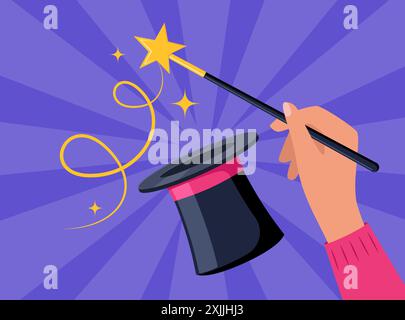 Hand hält Zauberstab. Funken von Sternen über einem magischen schwarzen Hut. Magier führt Tricks, Fokus und Illusionen aus. Show-Unterhaltung. Vektorillustrat Stock Vektor