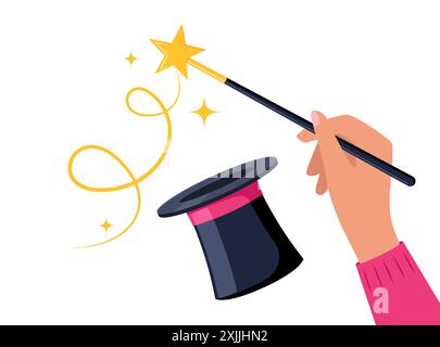 Hand hält Zauberstab. Funken von Sternen über einem magischen schwarzen Hut. Magier führt Tricks, Fokus und Illusionen aus. Show-Unterhaltung. Vektorillustrat Stock Vektor