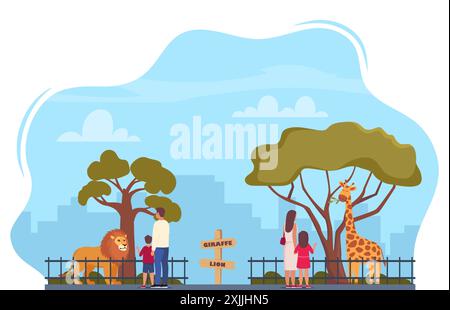 Löwe und Giraffe auf dem Gebiet des Zooparks, umgeben von einem Zaun. Eltern und Kinder beobachten Tiere im Zoo. Vektorabbildung Stock Vektor