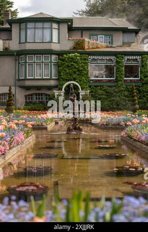 Der Frühlingsblütengarten grenzt an einen Brunnen in Butchart Gardens, BC. Stockfoto