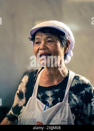 Ältere Frau mit weißer Schürze und Hut in einer südostasiatischen Küche Stockfoto