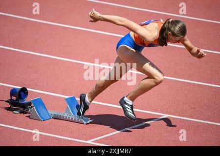 Banska Bystrica, Slowakei. Juli 2024. BANSKA BYSTRICA, SLOWAKEI - 19. JULI: Madelief van Leur aus den Niederlanden trat am 2. Tag der Leichtathletik-U18-Europameisterschaft im SNP Dukla Stadium am 19. Juli 2024 in Banska Bystrica, Slowakei an den 400-m-Frauen an. (Foto: Nikola Krstic/BSR Agency) Credit: BSR Agency/Alamy Live News Stockfoto