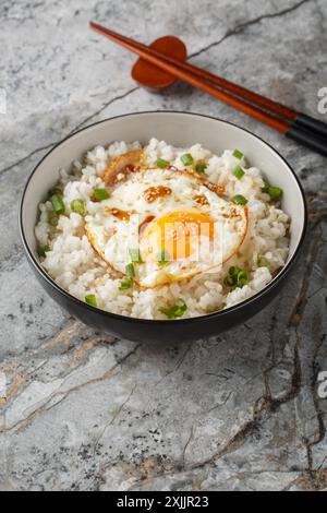 Gyeran BaP Korean Fried Egg Rice mit Sesam und Sojasauce in der Nähe auf der Schüssel auf dem Tisch. Vertikal Stockfoto