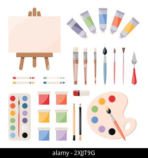 Malwerkzeuge, Kunstzubehör-Set. Farben, Leinwand, Tuben, Pinsel, Palettenmesser, Aquarellpalette, Buntstifte, Bleistifte, Radiergummi. Künstlerausrüstung Stock Vektor