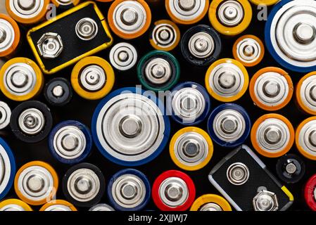 Hintergrund aus verschiedenen Alkali- und Lithium-Ionen-Batterien, Pluspol sichtbar. Stockfoto