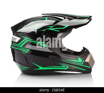 Neuer stylischer Motorradhelm isoliert auf weiß Stockfoto