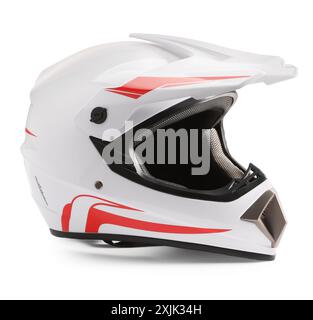 Neuer stylischer Motorradhelm isoliert auf weiß Stockfoto