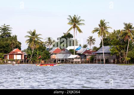 Schwimmende Häuser in einem von Palmen umgebenen Dorf inmitten des Tempe Sees in der Nähe von Singkang auf der Insel Sulawesi in Indonesien Stockfoto