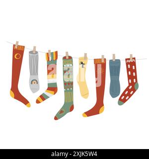 Warme und kuschelige Weihnachtssocken an einem Seil. Isolierter Geschenkstiefel, dekoratives Element des Neujahrshauses im Öko-Stil, Vektor-Illustration Stock Vektor