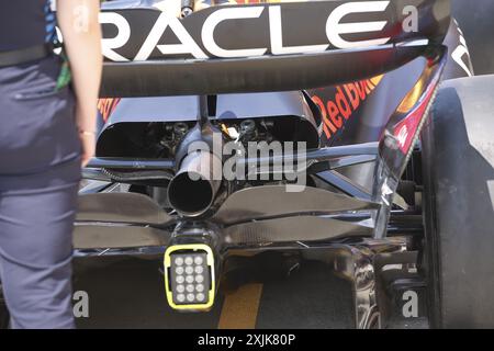 Red Bull Racing RB20, Motorabdeckung mit mechanischer Detailzeichnung während des Formel-1-Großen Preises von Ungarn 2024, 13. Runde der Formel-1-Weltmeisterschaft 2024 vom 19. Bis 21. Juli 2024 auf dem Hungaroring in Mogyorod, Ungarn Stockfoto